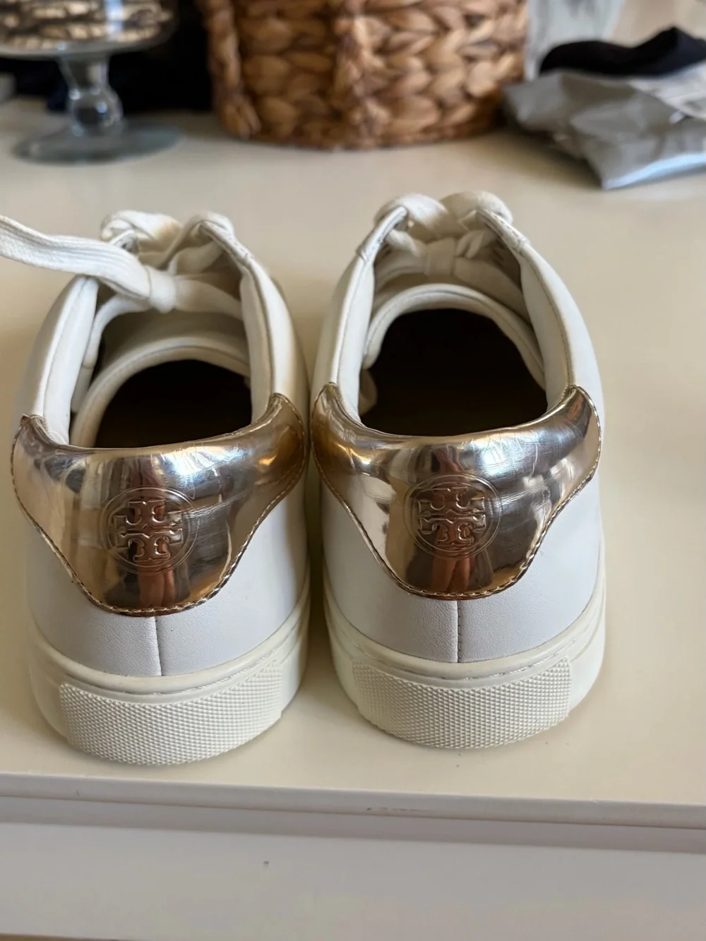 Tory Burch White Leather Sneakers with Gold Sequin Panel